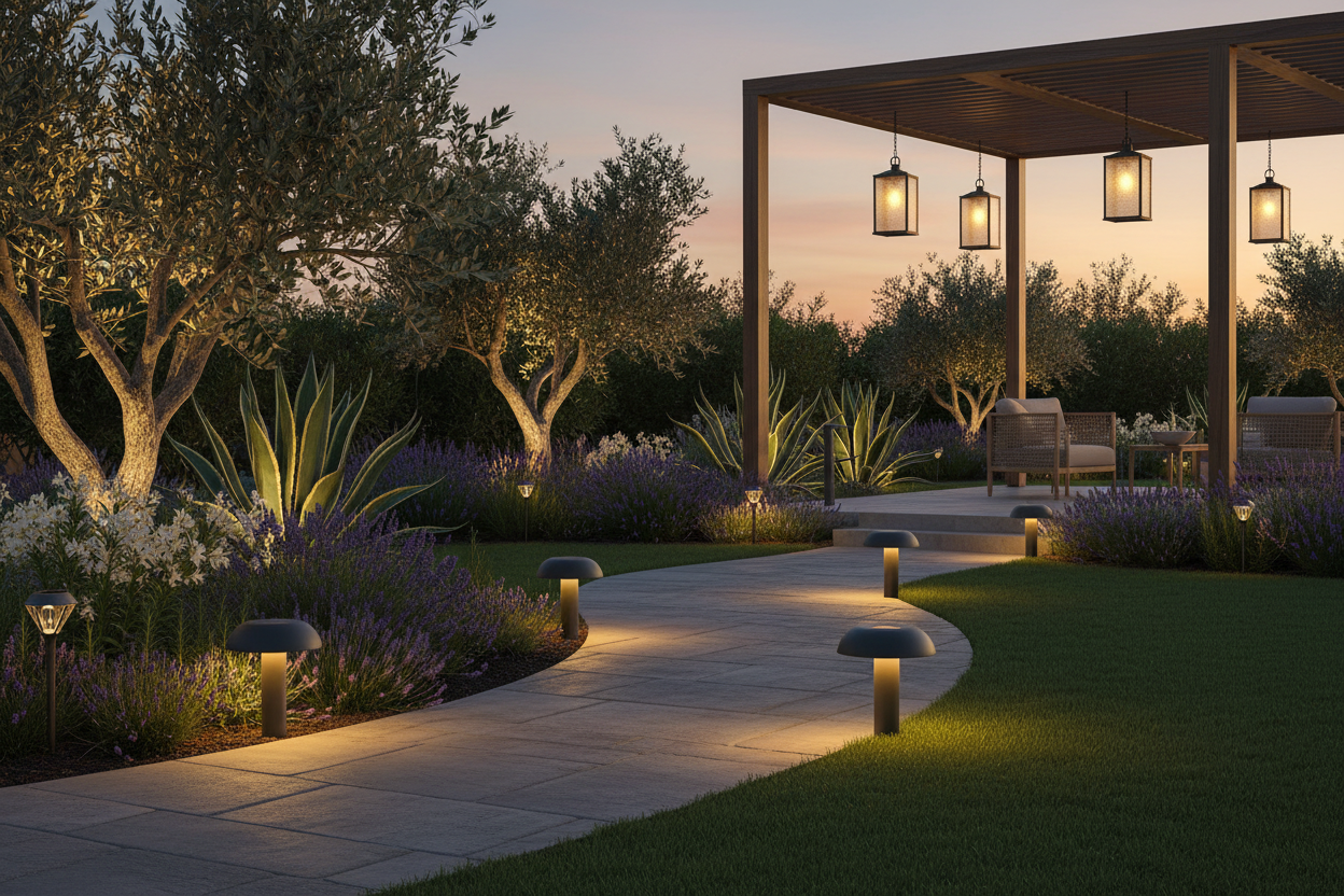 שביל גינה מואר עם תאורת חוץ דקורטיבית, פרגולה ודשא, מוקף עץ וזרים