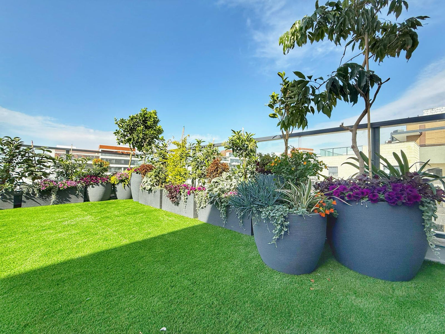 מרפסת עם דשא סינטטי, אדניות גדולות ופרחי נוי, עיצוב גינה מודרני לגג