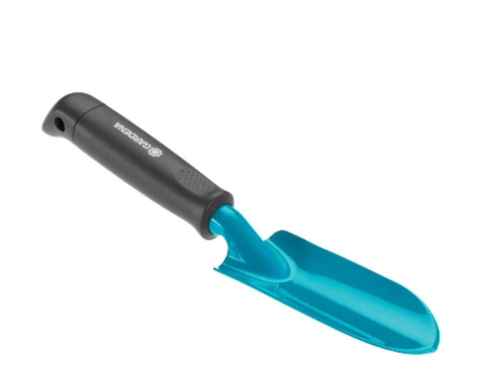 כף שתילה לגינה עם ידית שחורה ולהב כחול, כלי עבודה לגינון ביתי