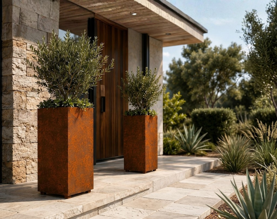 אדנית גבוהה מפלדת קורטן | 60x25x25 | עציץ מעודן ודקורטיבי לחללים קטנים | דגם 143-112