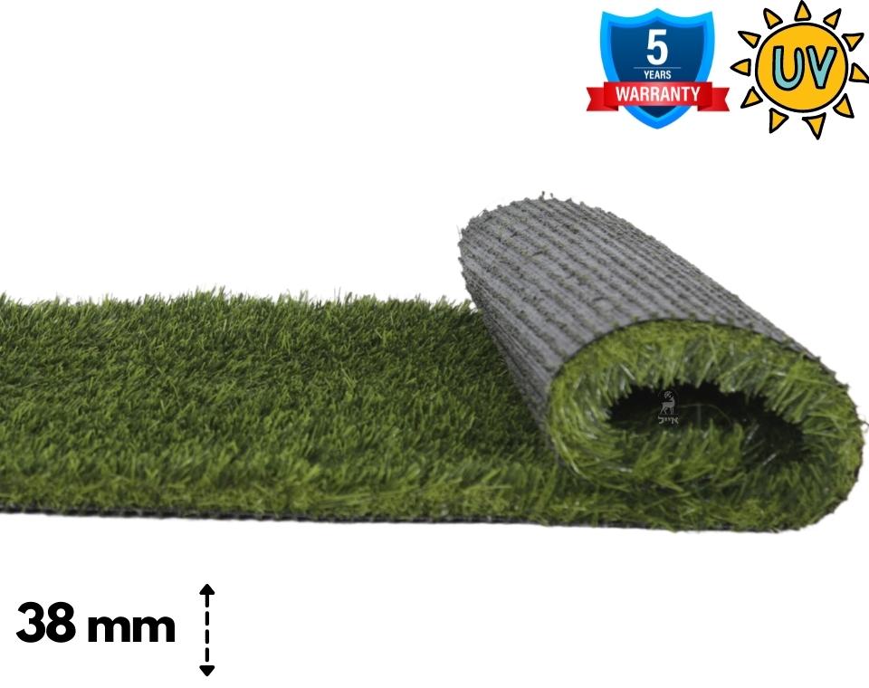 דשא סינתטי ירוק 38 מ"מ בעובי, גליל דשא מלאכותי עמיד UV ואחריות ל-5 שנים, מתאים לגינה