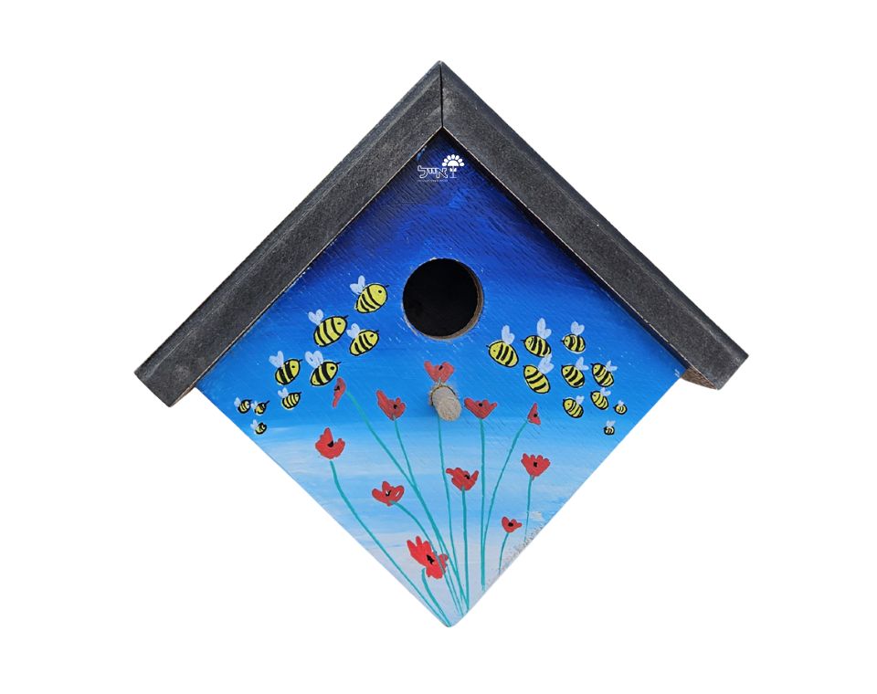 תיבת קינון לציפורים בעבודת אומן | 24X25 | דגם 805 - כלניות ודבורים