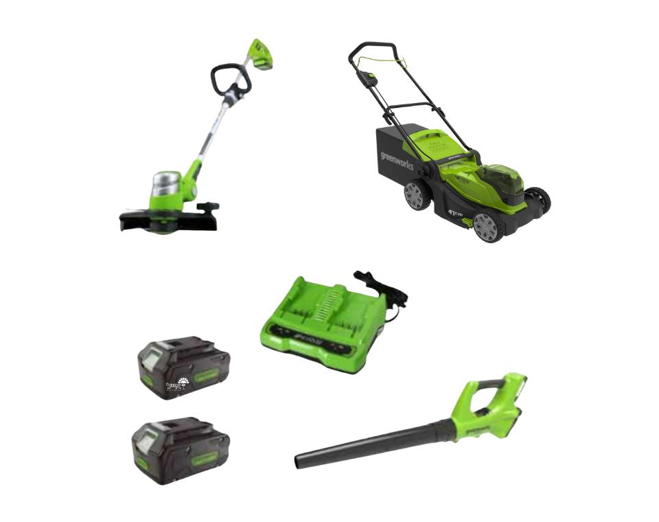 דיל HOMEY | מכסחת דשא 48V + קוצץ קנטים 24V + מפוח עלים 24V + סוללות 4.0Ah ומטען מהיר 24V