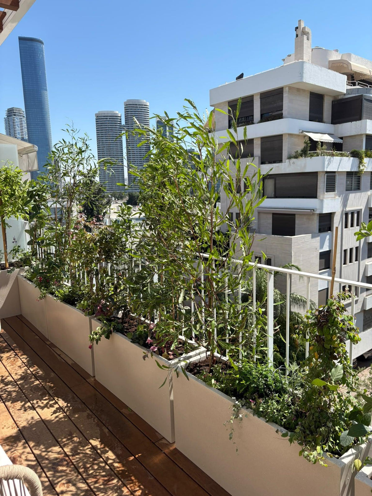 מרפסת בסגנון מודרני ים תיכוני | אדניות וכדי רוטו גבוהים בצבע לבן | תל אביב