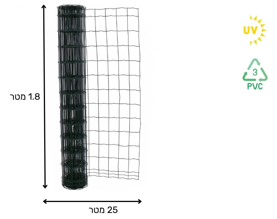 גדר רשת מולחמת מצופה PVC | ירוק | 1.8X25 מטר | 7.5X5 ס"מ