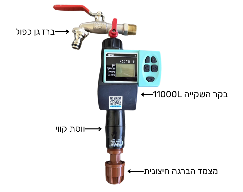 קיט השקיה קומפלט | בקר השקיה, ברז כפול, ווסת, מצמדים ומחברים, צינור וטפטפת תמנון כפולה