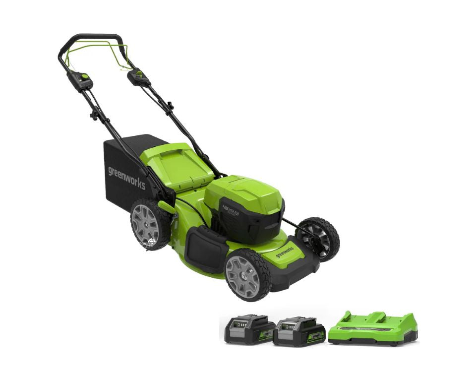 מכסחת נסיעה עצמית גוף פח 46 ס"מ 48V(2X24V) Brushless | 2X5.0Ah עם שקע USB | מטען Dual Port(4A)