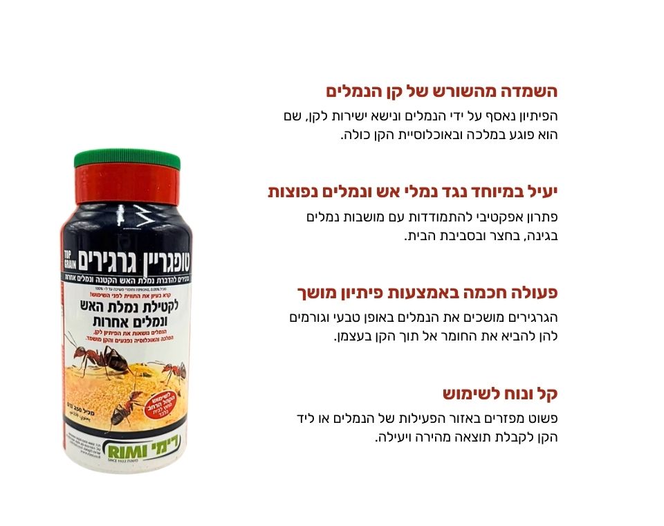 טופגריין  גרגירים | לקטילת נמלי אש ונמלים אחרות | 250 גרם של רימי – מבט מקרוב על הפרטים