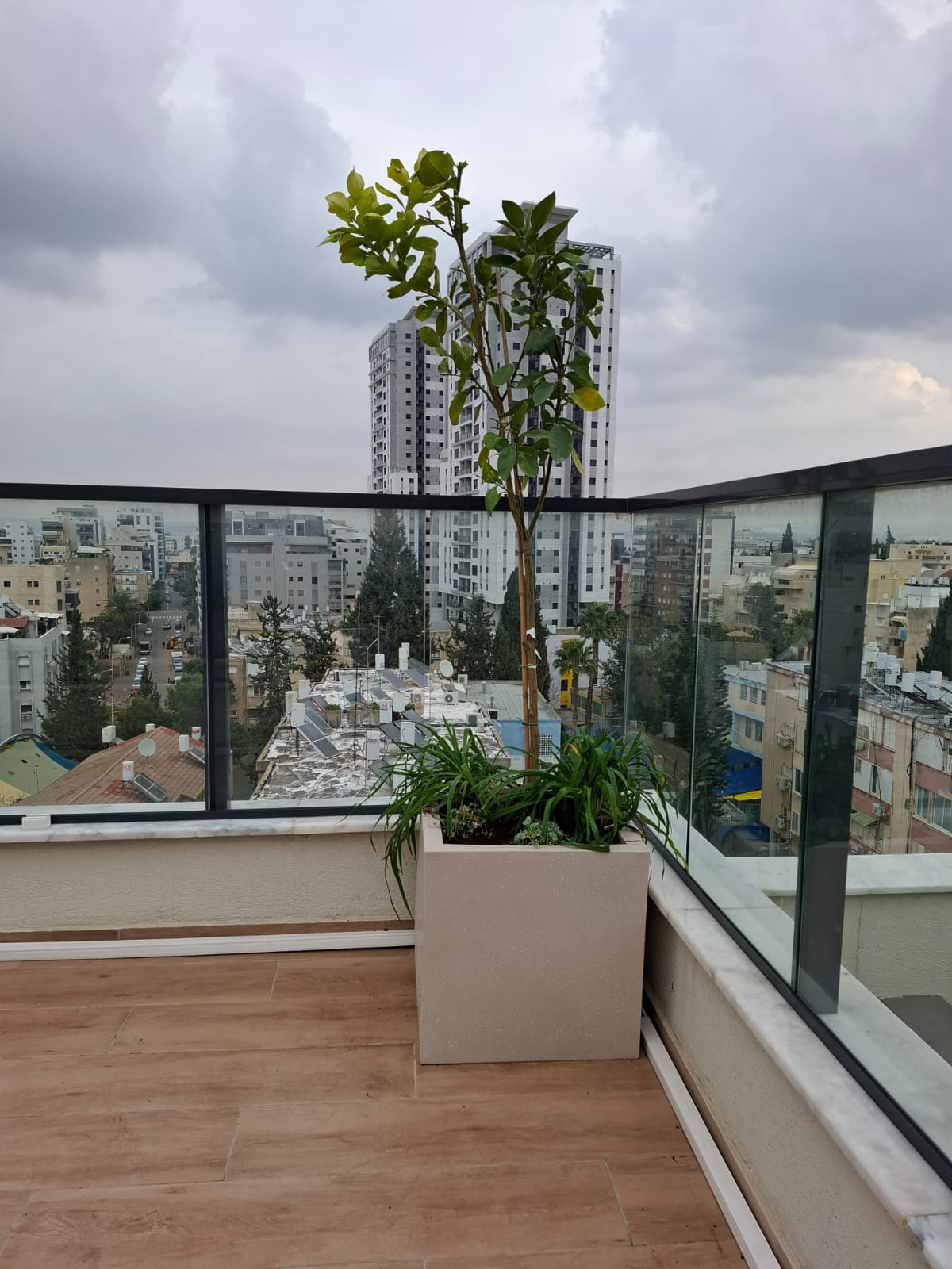 מרפסת בסגנון מנימליסטי-מודרני | אדניות וכדי רוטו ריבועיים | רמת גן