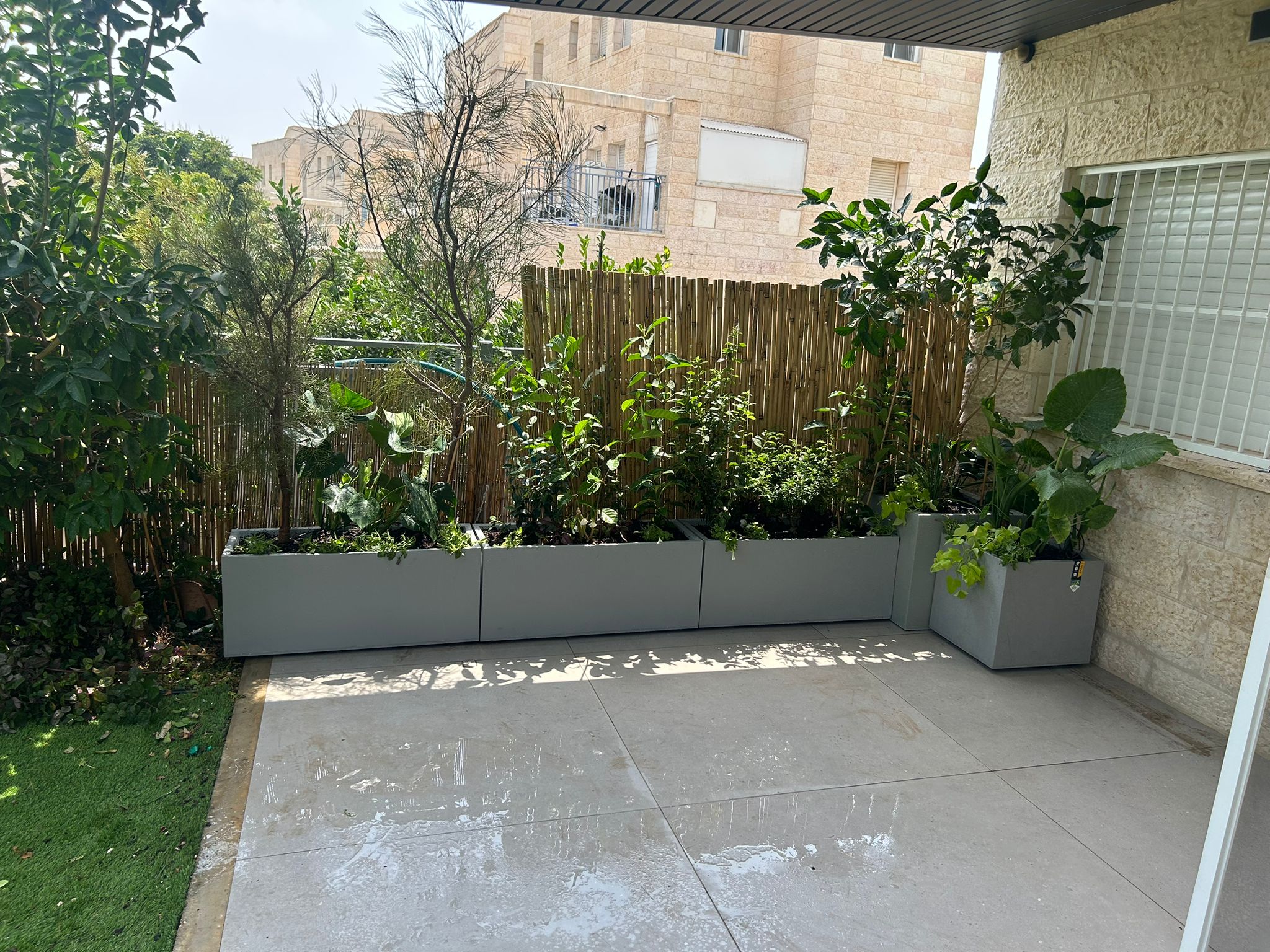 חצר בסגנון טרופי-מודרני | אדניות וכדים דמוי-בטון | פתח תקווה