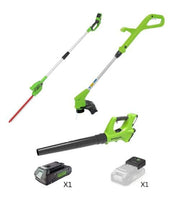 דיל קומבי QUICK | מגזמת גובה 24V + קוצץ קנטים 24V + מפוח עלים 24V + סוללה ומטען מיקרו