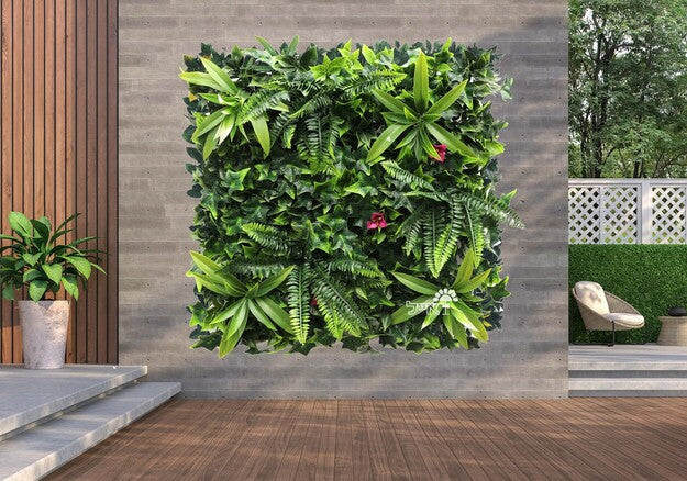 קיר ירוק מתכוונן - עלה משולב פרחים ורודים | 100/100 ס״מ