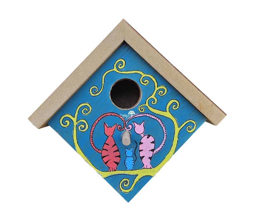 תיבת קינון לציפורים בעבודת אומן | 24X25 | דגם 809 - חתולים על עץ
