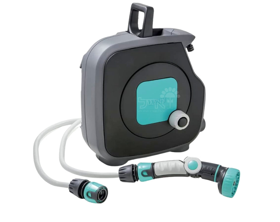 גלגלת השקיה | צבע אקווה | צינור 11.5 מטר | כולל אקדח וחיבורים